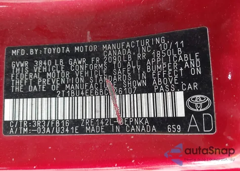 2011 Toyota Corolla Le из США, поврежденный, VIN 2T1BU4EE6BC726107